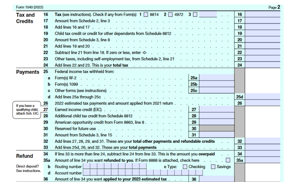 Screenshot of the second page of the 2022 IRS Form 1040, highlighting sections related to taxes and credits, payments, and refunds.